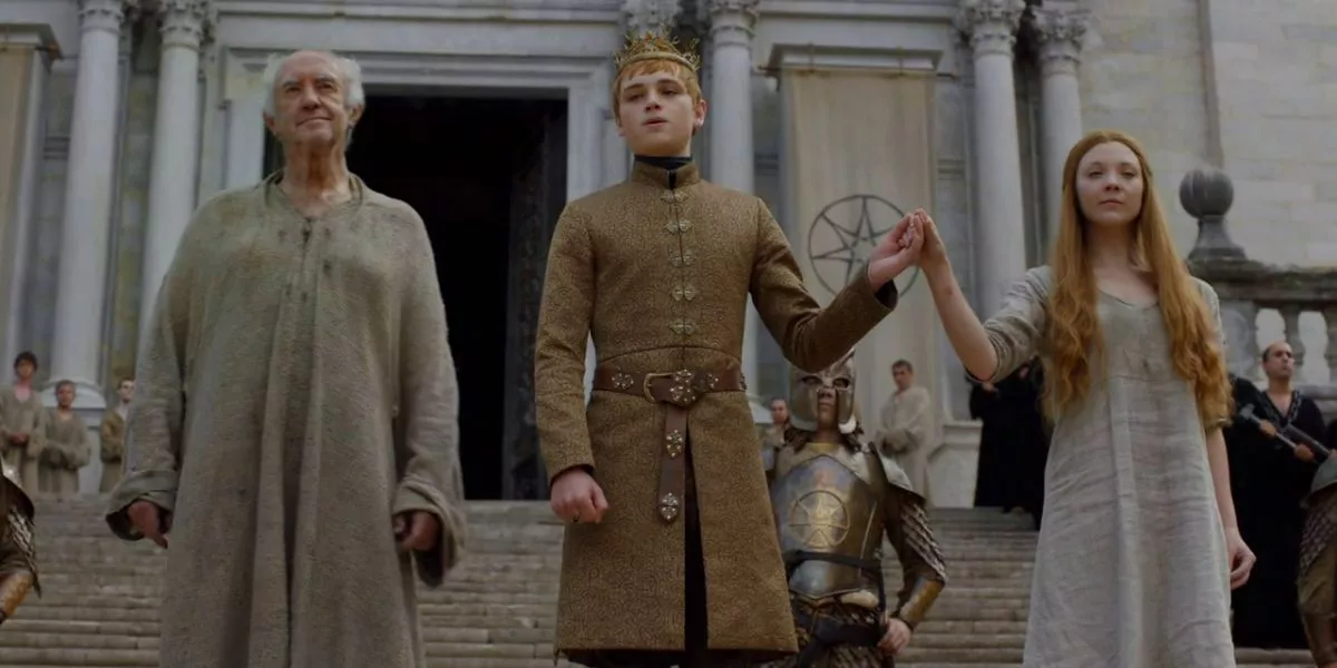 Tommen holds the hand of Margaery next to the High Sparrow in Game of Thrones