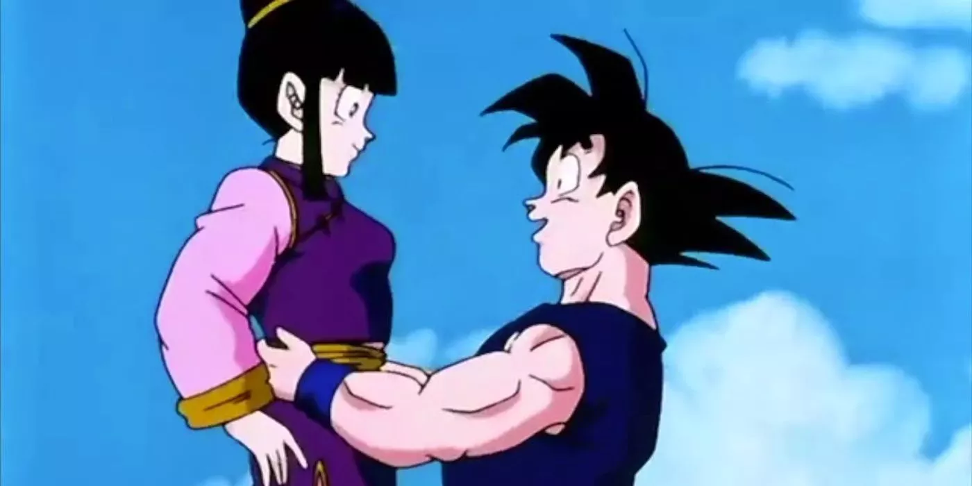 Goku holds Chi-Chi after recovering from the Heart Virus in Dragon Ball Z.
