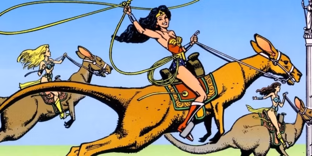 Wonder Woman riding Jumpa the kangaroo